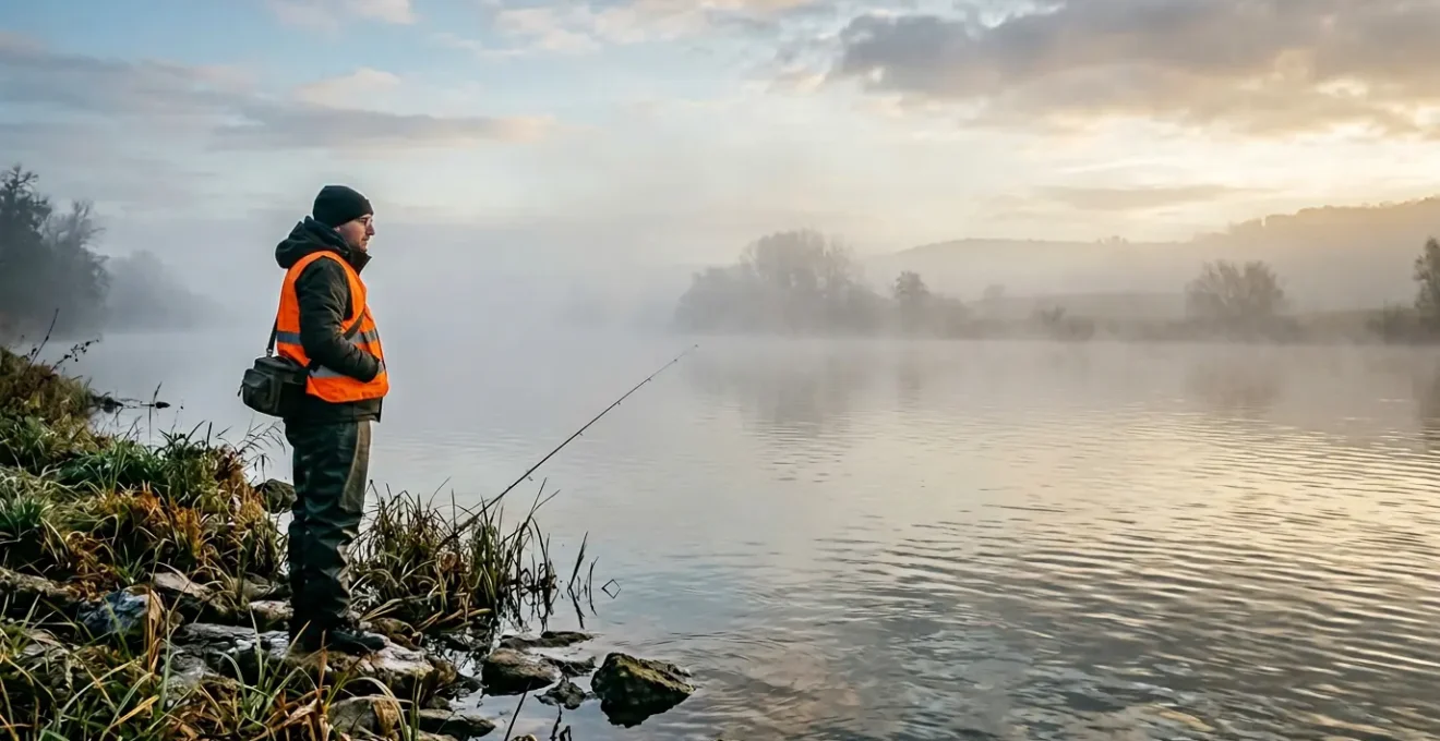 Pêcheur solitaire équipé d'un gilet de sauvetage au bord d'une rivière française au lever du jour