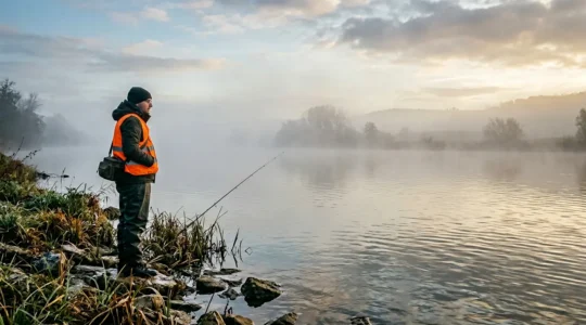 Pêcheur solitaire équipé d'un gilet de sauvetage au bord d'une rivière française au lever du jour
