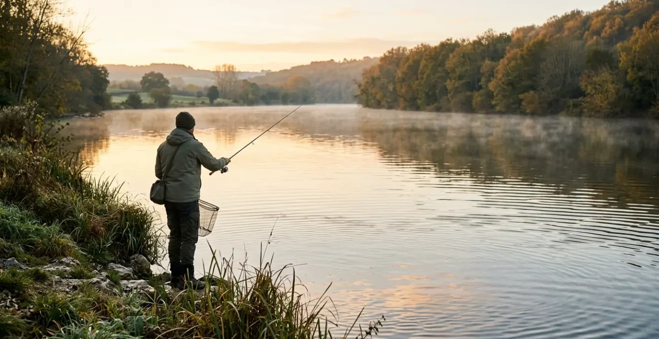 Pêcheur solitaire au bord d'une rivière française dans une atmosphère paisible et méditative