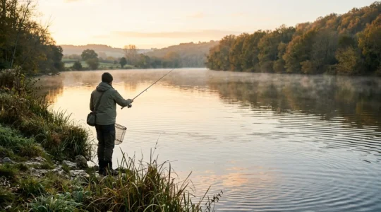 Pêcheur solitaire au bord d'une rivière française dans une atmosphère paisible et méditative