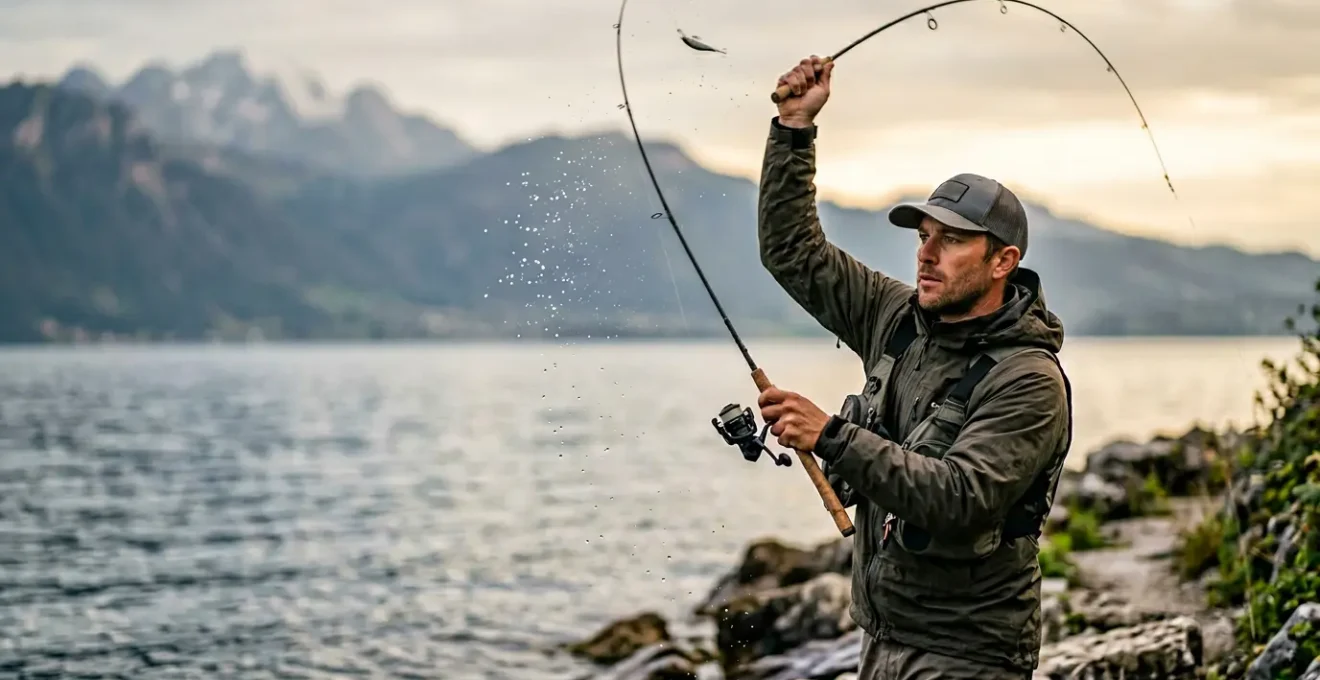 Pêcheur au lancer pratiquant une session intensive au bord d'un grand lac français