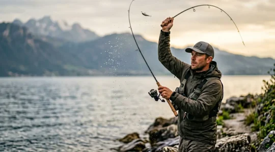 Pêcheur au lancer pratiquant une session intensive au bord d'un grand lac français