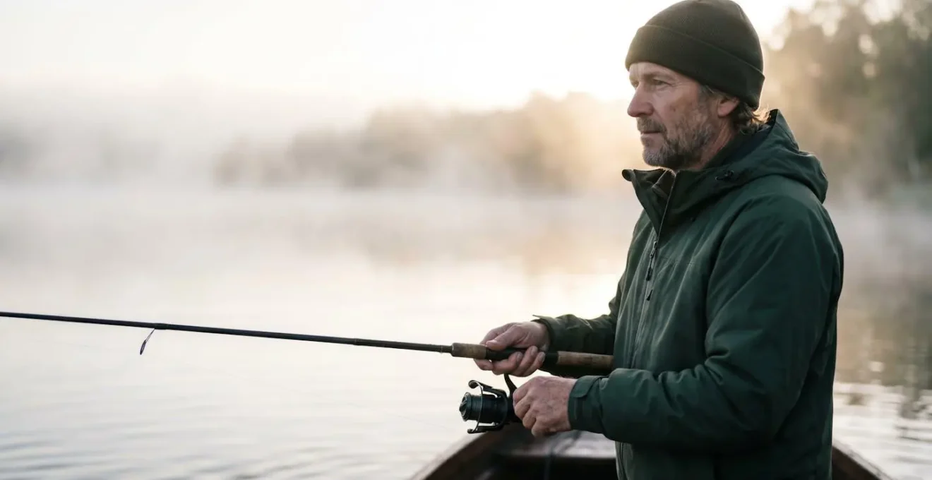 Portrait d'un pêcheur concentré à l'aube sur un lac brumeux