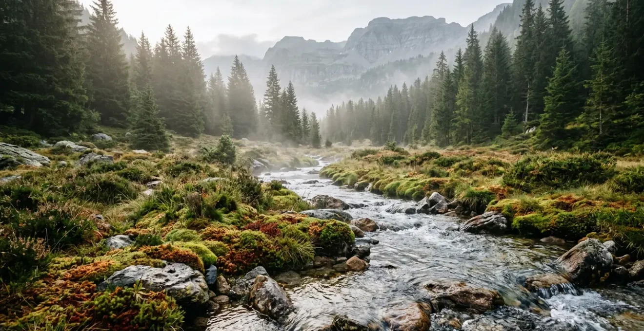 Pêcheur pratiquant une approche discrète au bord d'un ruisseau de montagne préservé en France