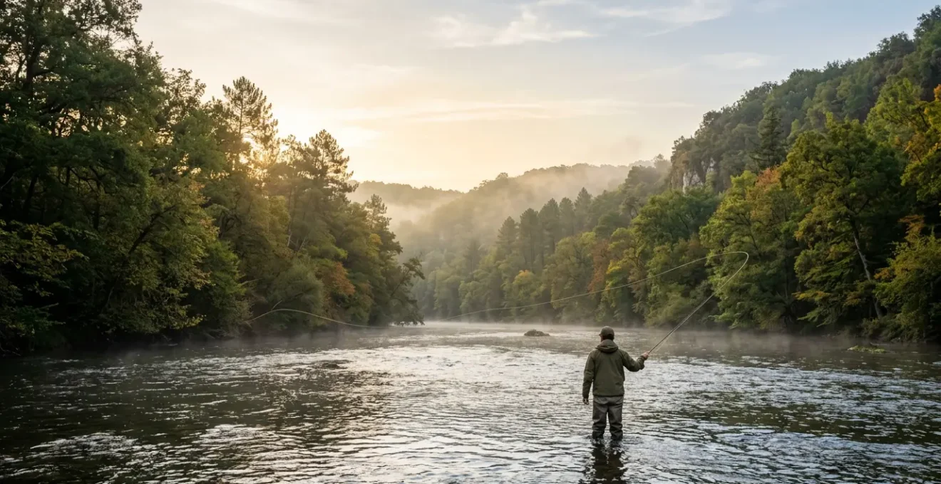 Pêcheur au bord d'une rivière française au lever du soleil dans un paysage naturel préservé