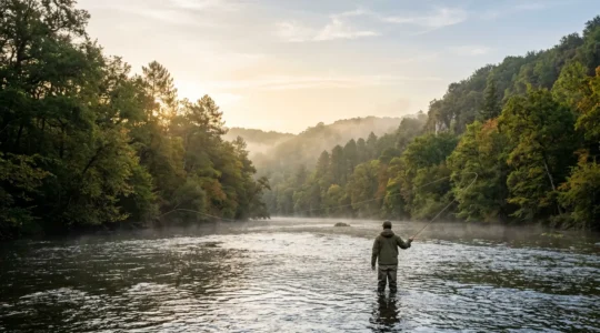 Pêcheur au bord d'une rivière française au lever du soleil dans un paysage naturel préservé