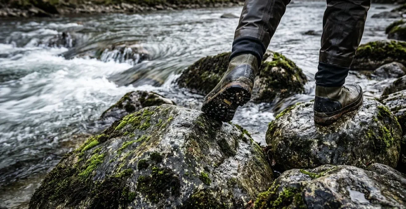 Vue en plongée sur les pieds d'un pêcheur positionnés sur des rochers mouillés et glissants en rivière, exercice d'équilibre naturel