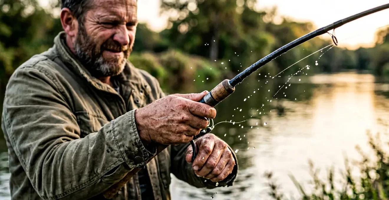 Moment de tension intense lors d'une touche de poisson, montrant l'émotion et l'adrénaline de la pêche sportive