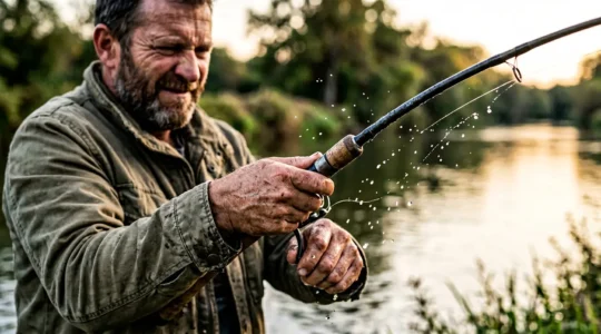Moment de tension intense lors d'une touche de poisson, montrant l'émotion et l'adrénaline de la pêche sportive