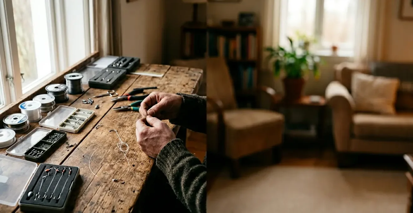 Pêcheur préparant méticuleusement ses montages de pêche sur une table de travail bien organisée