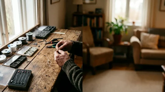 Pêcheur préparant méticuleusement ses montages de pêche sur une table de travail bien organisée