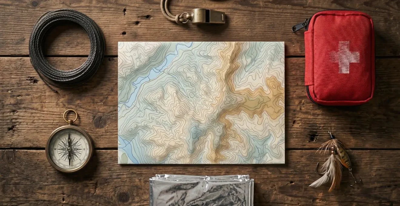 Carte topographique française IGN avec matériel de pêche et équipement de sécurité préparés sur une table