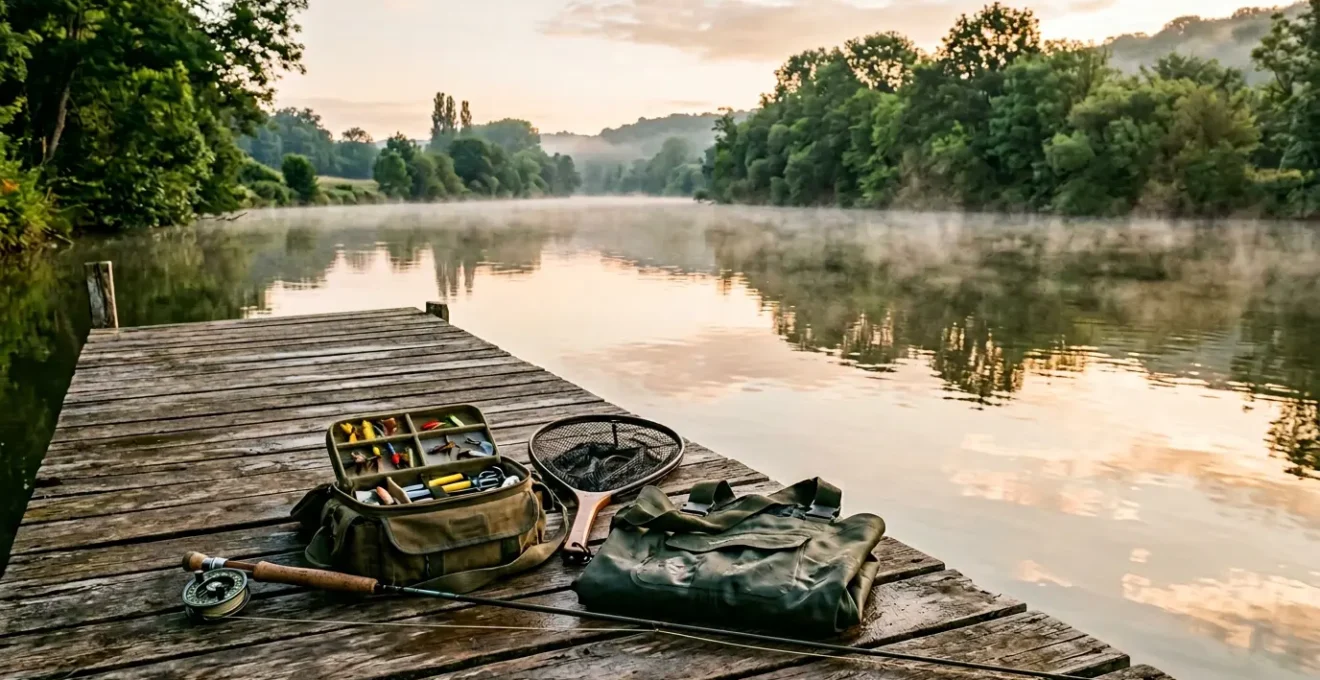 Préparation méticuleuse d'une sortie de pêche avec matériel organisé au bord de l'eau