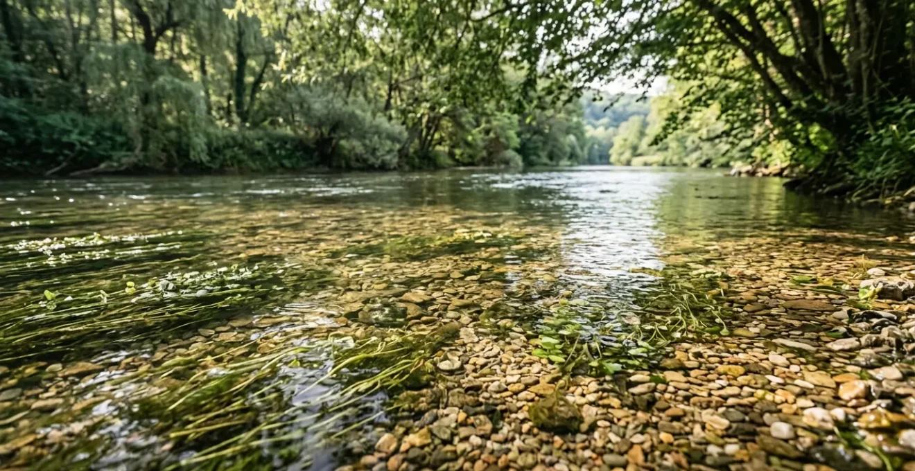 Vue d'une frayère naturelle en rivière française avec végétation aquatique et substrat de graviers propres pour la reproduction des poissons