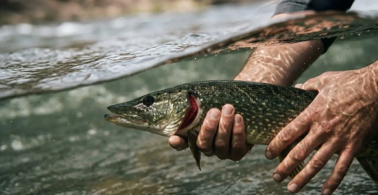 Mains d'un pêcheur soutenant délicatement un poisson sous l'eau face au courant pour réoxygénation