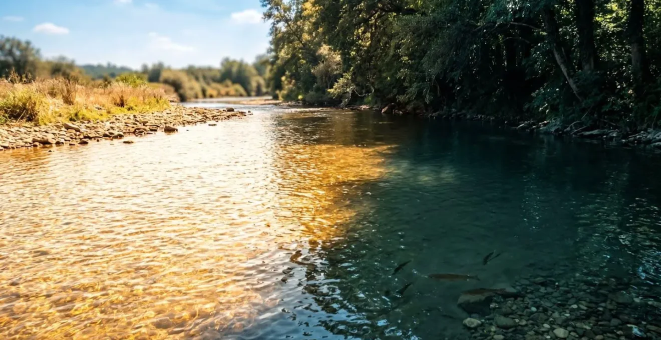 Zone ombragée d'une rivière française créée par la ripisylve, offrant un refuge thermique aux poissons en période de canicule