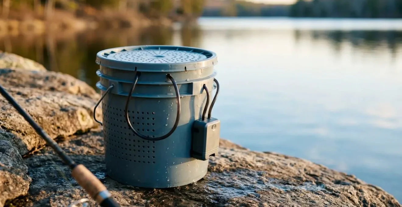 Seau à vifs avec système d'aération pour conservation temporaire de poissons vivants