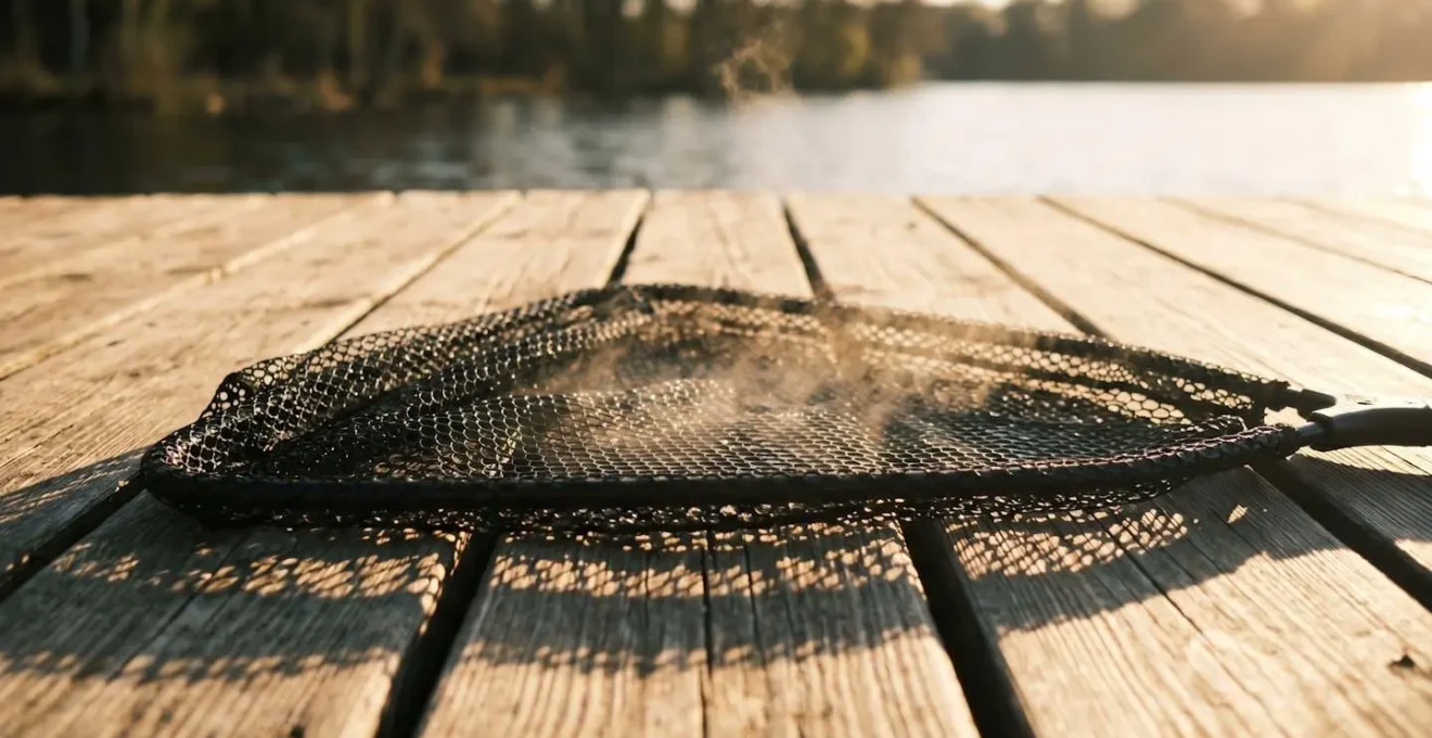 Épuisette étendue au soleil sur un support pour séchage complet entre deux sessions de pêche