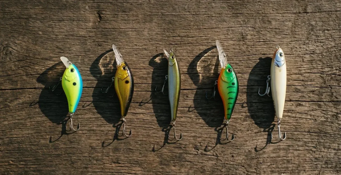 Composition épurée de cinq poissons nageurs soigneusement sélectionnés disposés sur surface neutre minimaliste