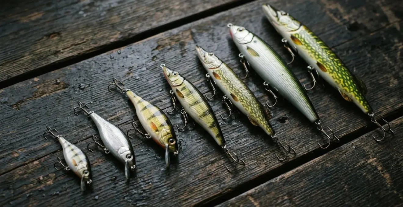 Leurres de pêche de différentes tailles disposés pour illustrer la sélectivité de la technique selon la taille du poisson ciblé