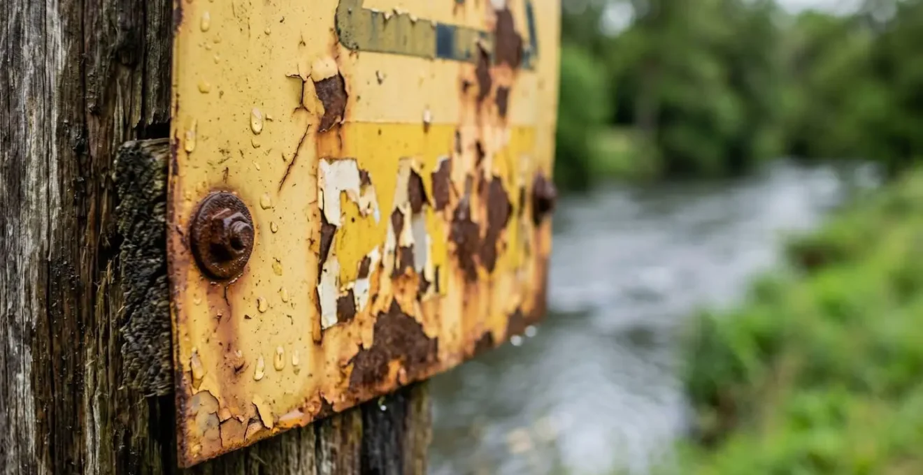 Panneau de vigilance jaune de sécurité EDF au bord d'une rivière française avertissant des variations de débit