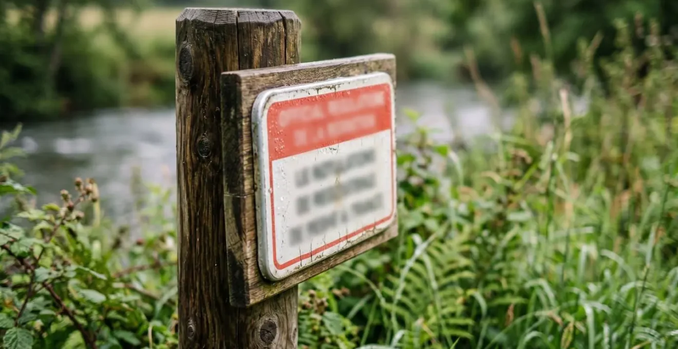 Panneau de signalisation réglementaire de réserve de pêche installé en bordure de cours d'eau français