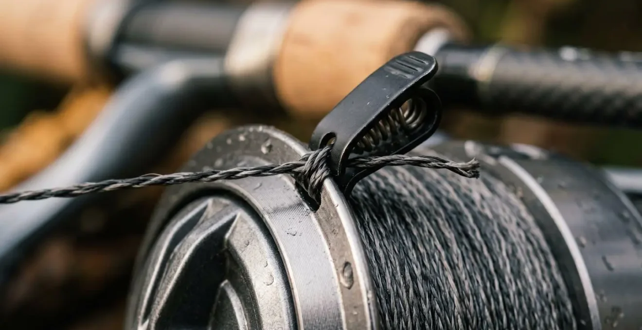 Gros plan sur un moulinet de pêche au feeder avec le line clip engagé montrant la technique de clipping pour la précision
