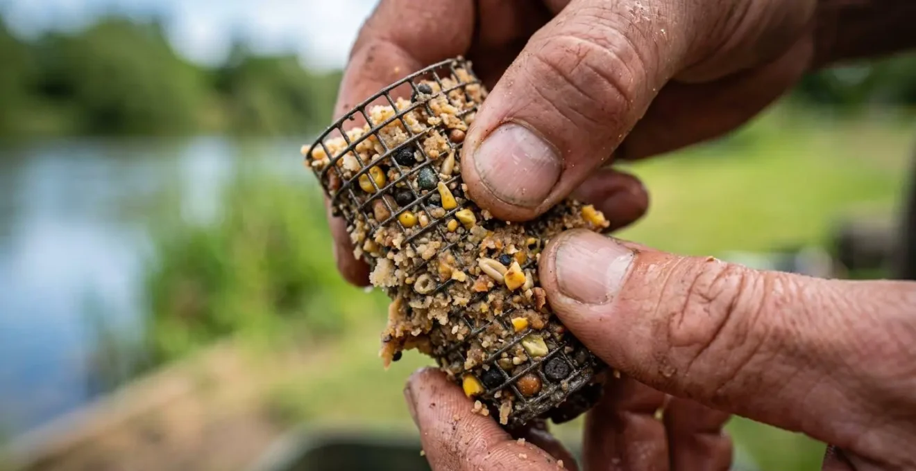 Gros plan sur des mains de pêcheur compressant l'amorce dans une cage feeder avec texture d'amorce visible