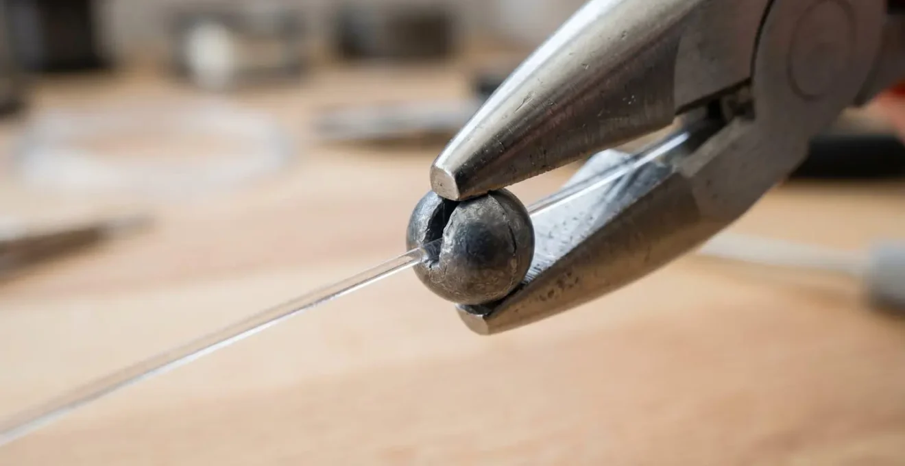 Gros plan sur une pince à plombs serrant délicatement un plomb fendu sur un fil de nylon transparent illustrant la technique de préservation du fil