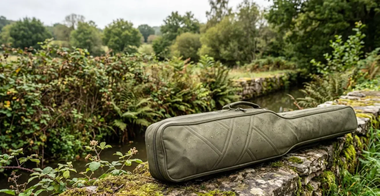 Vue environnementale d'un fourreau en polyester résistant posé dans un environnement naturel français avec végétation
