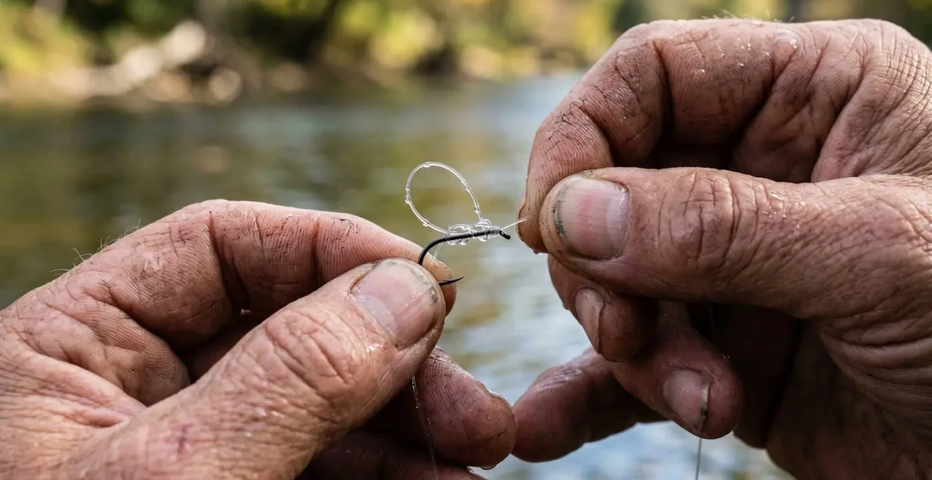 Mains de pêcheur manipulant une ligne avec concentration dans un geste technique répétitif