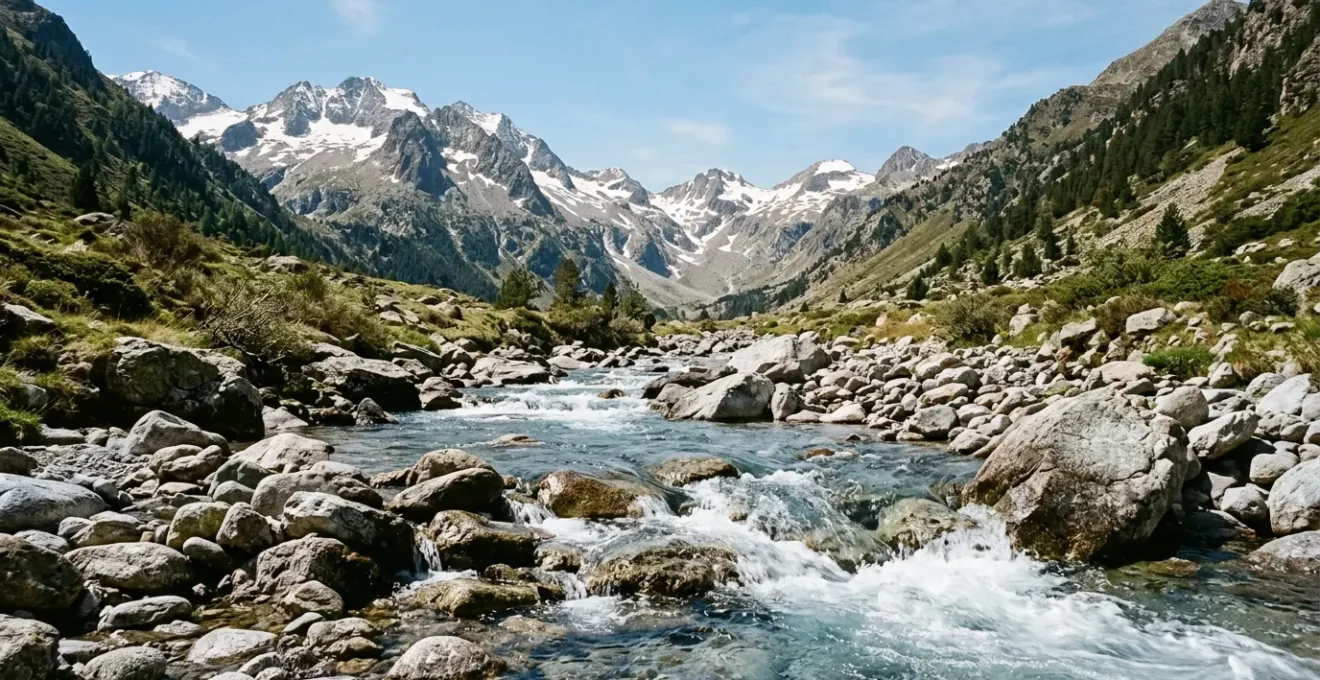 Truite fario sauvage dans un courant rapide pyrénéen entre rochers et galets