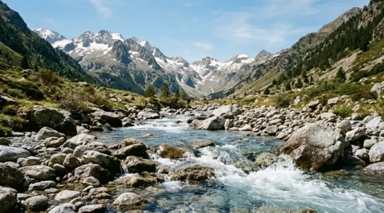 Truite fario sauvage dans un courant rapide pyrénéen entre rochers et galets