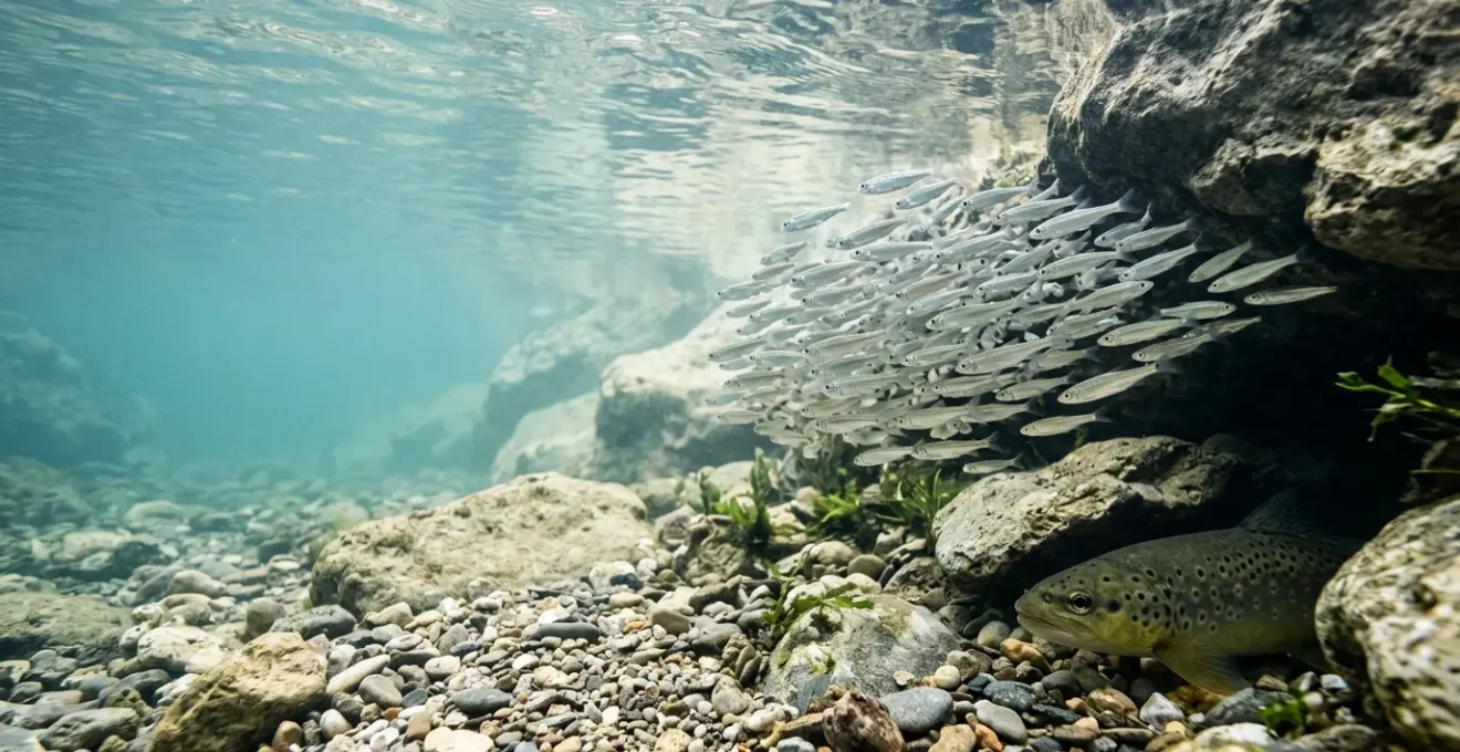 Banc de vairons évoluant dans une rivière claire avec une truite fario en embuscade
