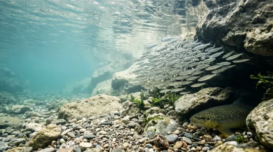 Banc de vairons évoluant dans une rivière claire avec une truite fario en embuscade