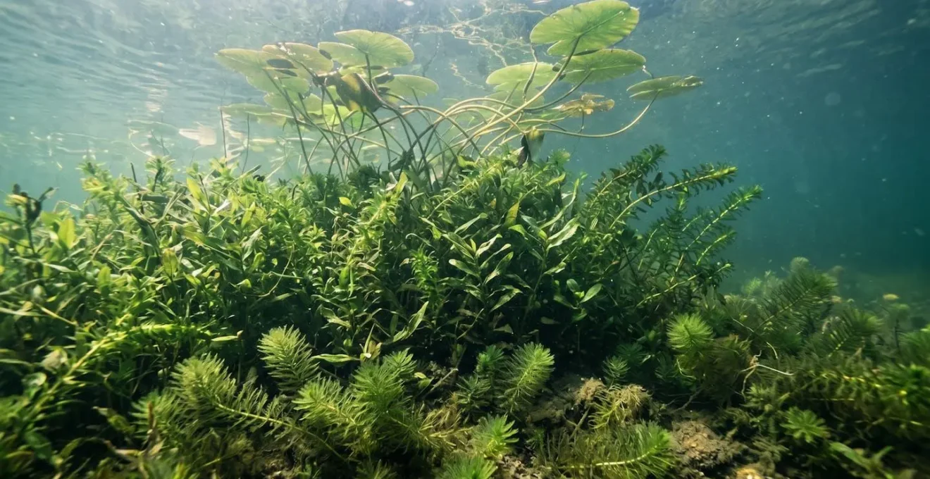 Vue sous-marine d'une diversité de plantes aquatiques dans un lac français en été